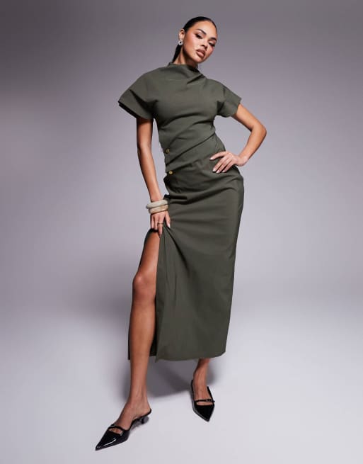ASOS DESIGN ruched waist bengaline midi dress in khaki green