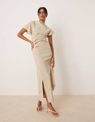 ruched waist bengaline midi dress in stone-Neutral
