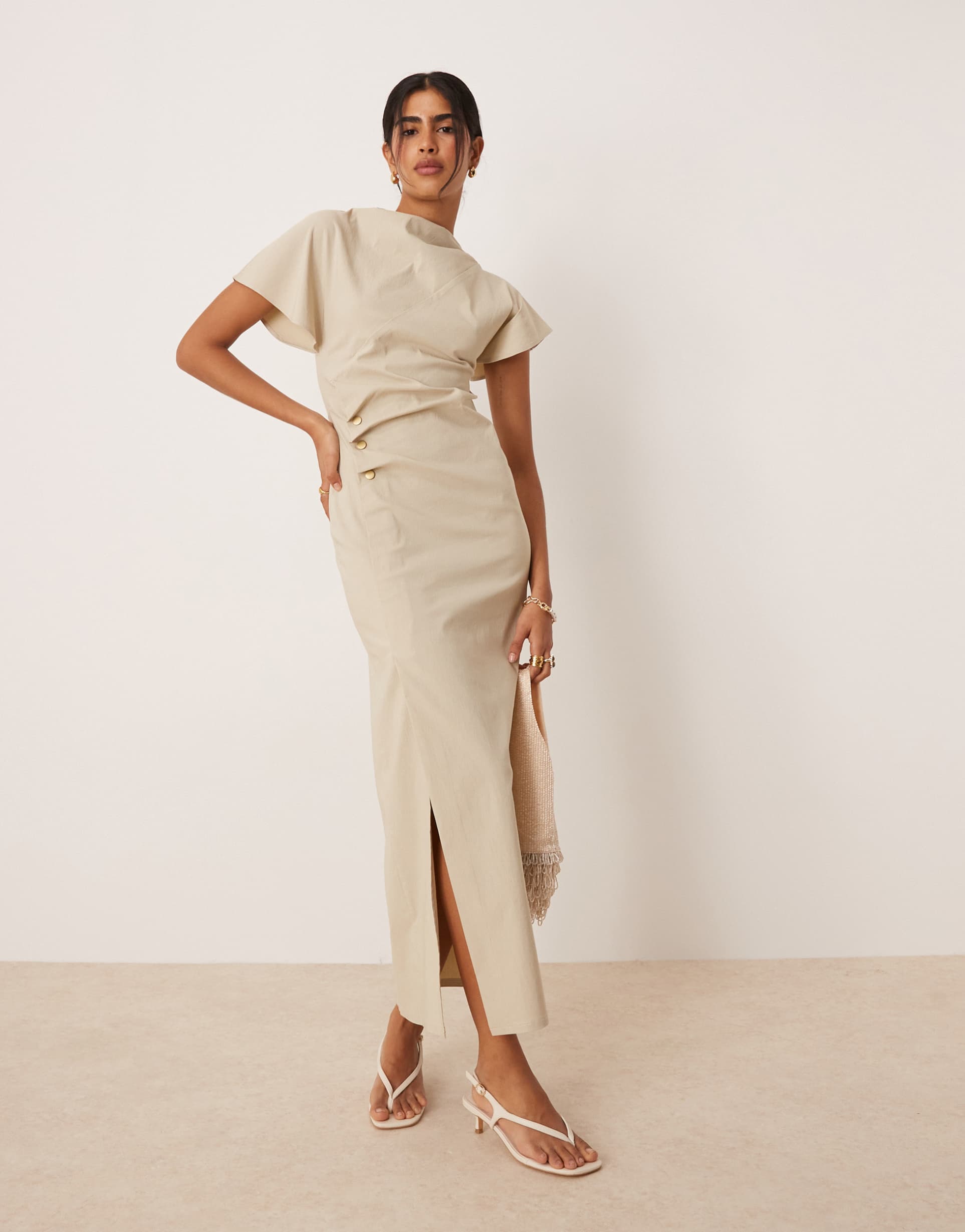 asos design ruched waist bengaline midi dress in stone