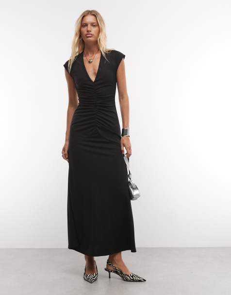 ASOS DESIGN ruched waist deep v maxi dress in black - view 1