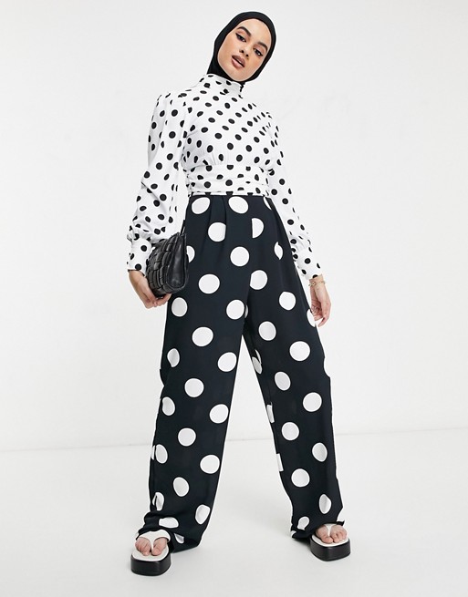 ASOS DESIGN ruched waist detail jumpsuit in mixed spot print