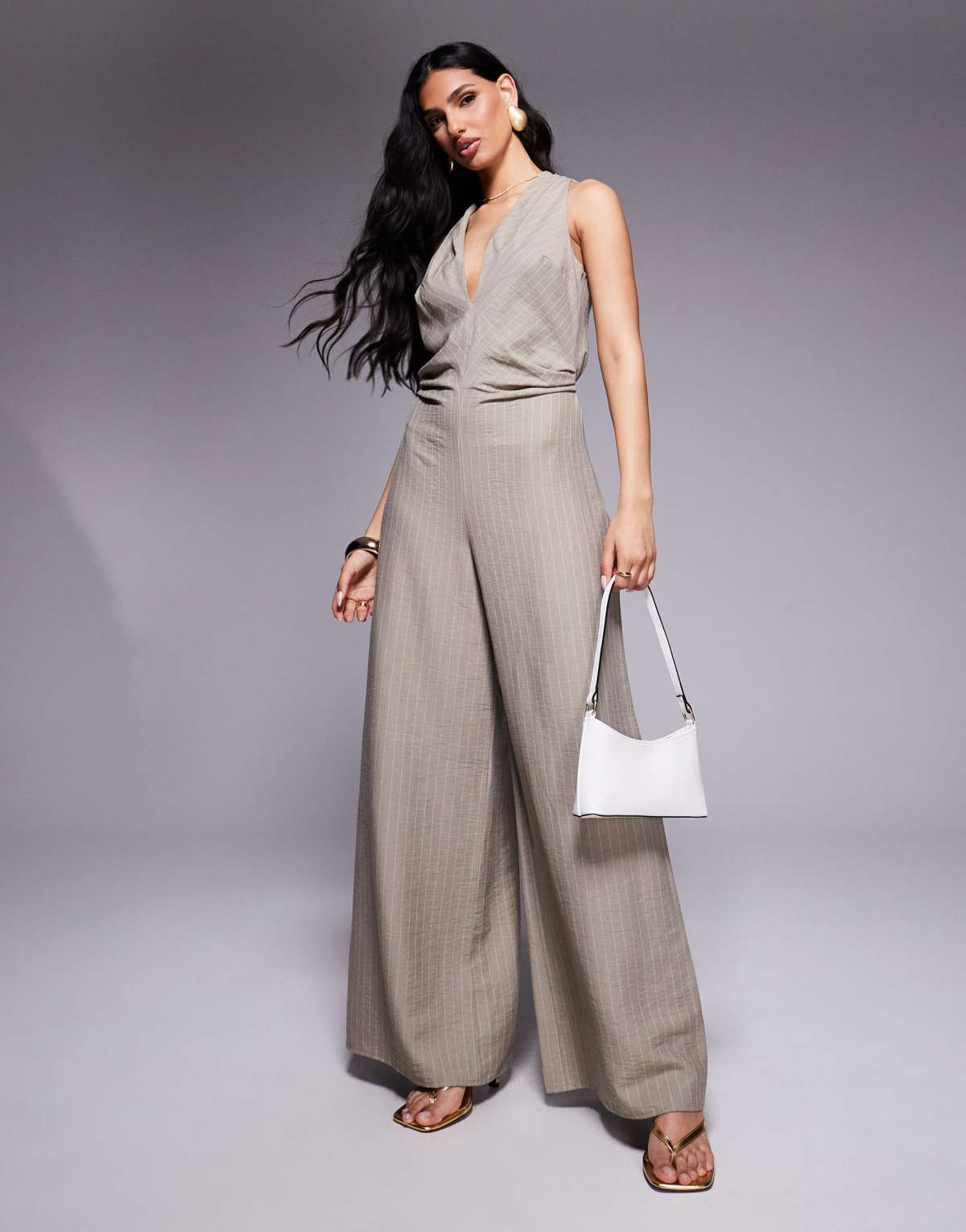 ASOS DESIGN ruched waist detail v neck jumpsuit in stripe