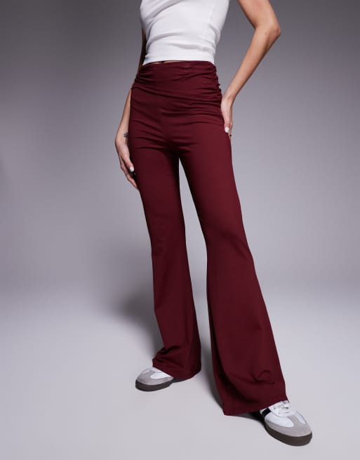 ASOS DESIGN ruched waist flare pants in burgundy, 2 of 5