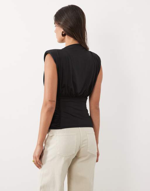 ASOS DESIGN ruched waist grown on neck shoulder pad top in black, 4 of 4