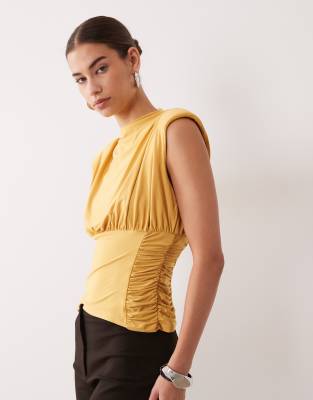 Asos Design Ruched Waist Grown On Neck Shoulder Pad Top In Brown