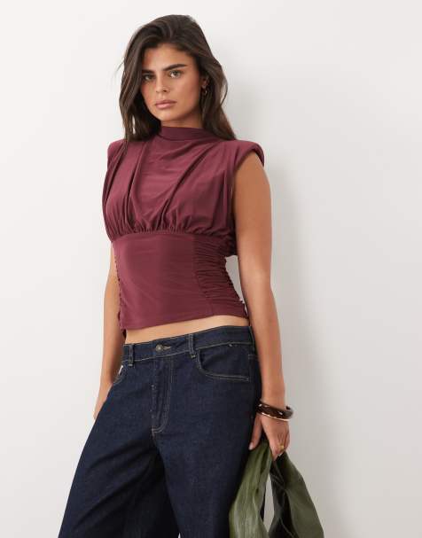 ASOS DESIGN ruched waist grown on neck shoulder pad top in raspberry - view 1