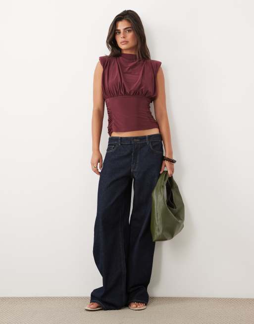 ASOS DESIGN ruched waist grown on neck shoulder pad top in raspberry, 2 of 4