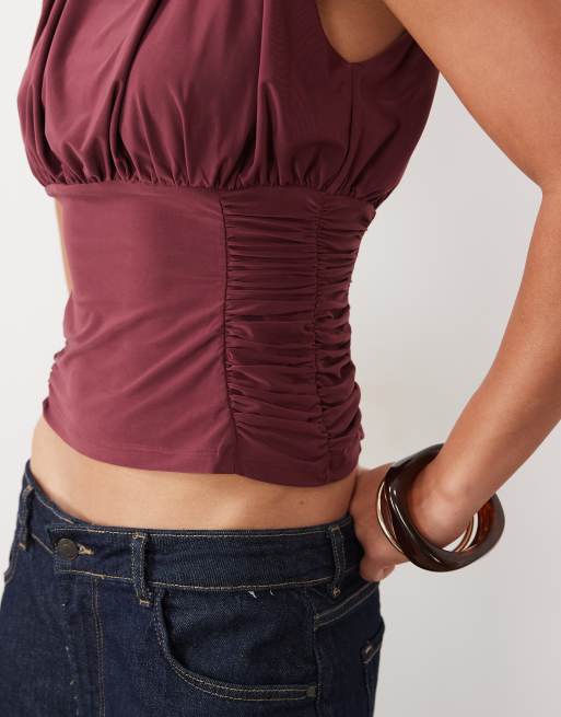 ASOS DESIGN ruched waist grown on neck shoulder pad top in raspberry, 3 of 4