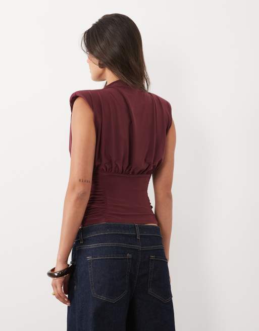 ASOS DESIGN ruched waist grown on neck shoulder pad top in raspberry, 4 of 4