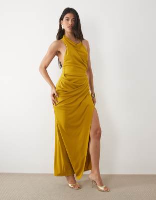 Asos Design Ruched Waist High Neck Maxi Dress With Open Back In Gold