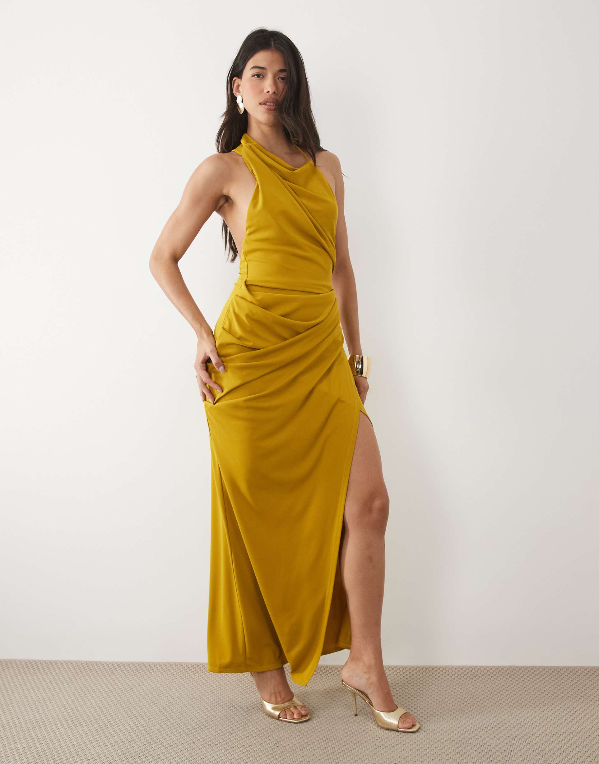 asos design ruched waist high neck maxi dress with open back in ocher