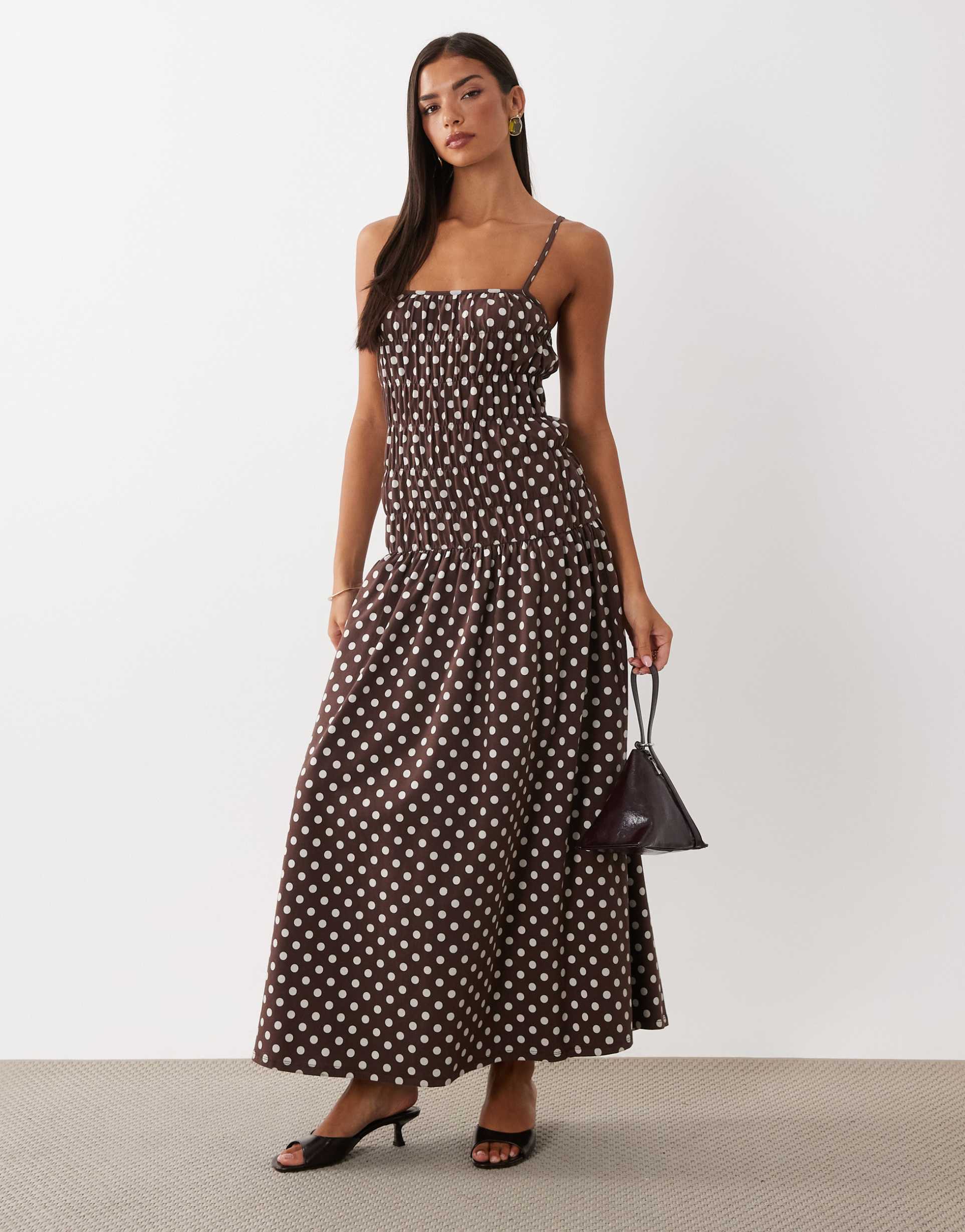 asos design ruched waist maxi dress in brown polka dots