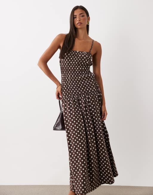 ASOS DESIGN ruched waist maxi dress in brown spot, 3 of 4