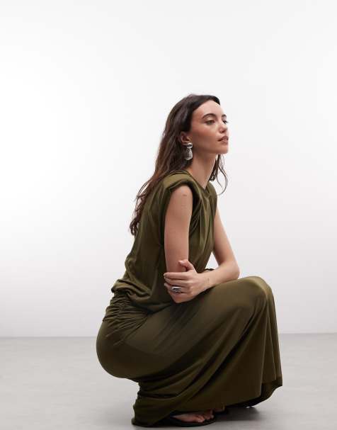 ASOS DESIGN Ruched waist maxi dress in khaki - view 1