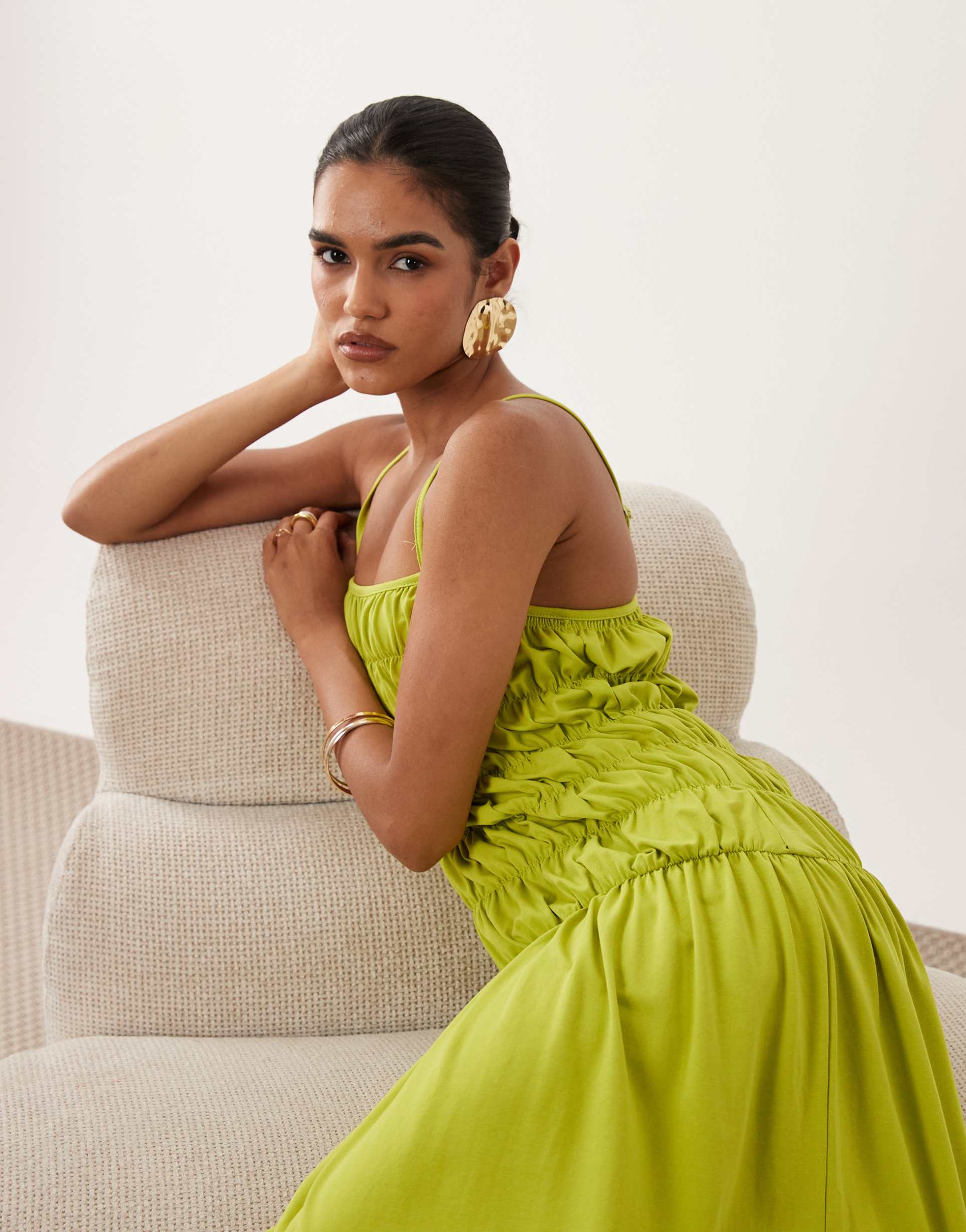 asos design ruched waist maxi dress in olive