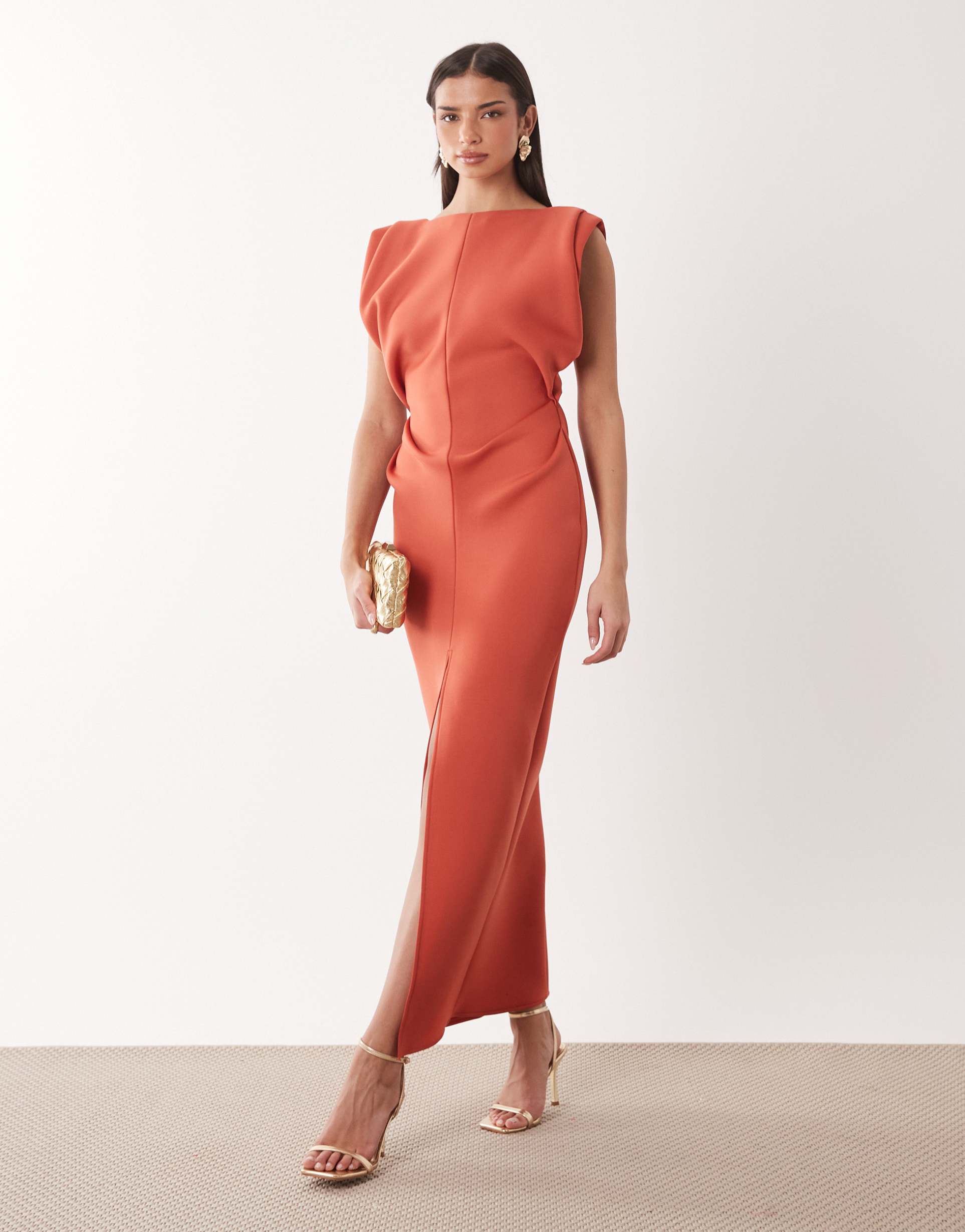 asos design ruched waist maxi dress with structured shoulder in red scuba-style fabric