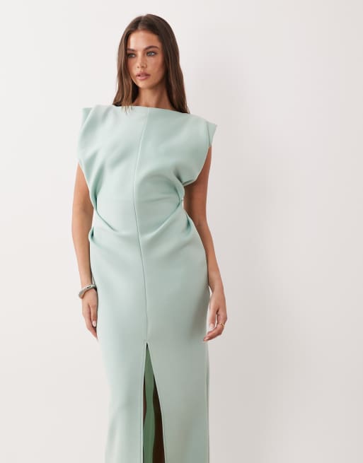 ASOS DESIGN ruched waist maxi dress with structured shoulder in sage scuba-style fabric, 2 of 4