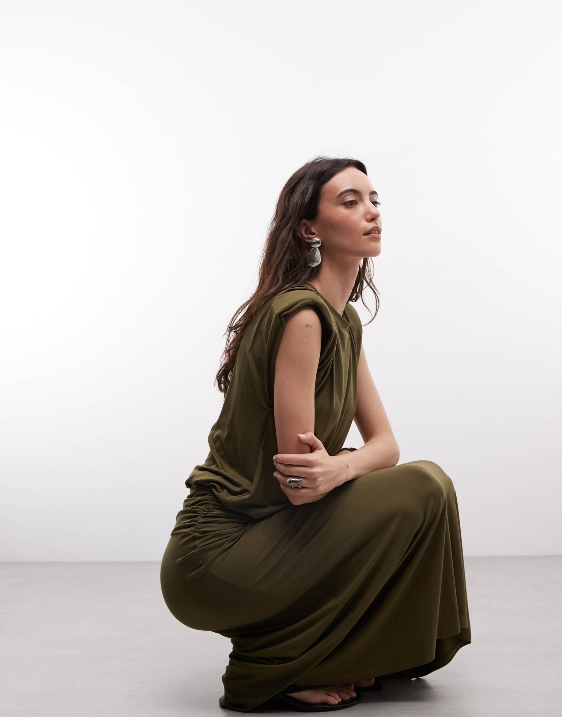 asos design ruched waist midaxi dress in khaki green