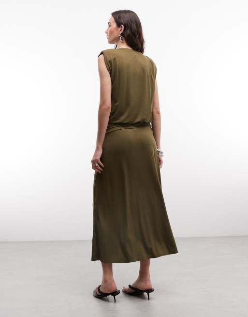 ASOS DESIGN ruched waist midaxi dress in khaki green, 3 of 4