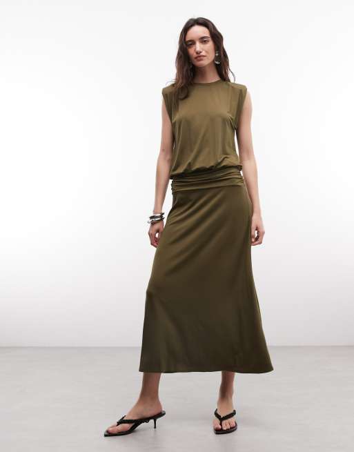 ASOS DESIGN ruched waist midaxi dress in khaki green, 4 of 4