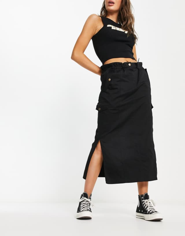 ASOS DESIGN ruched waist midi cargo skirt in black