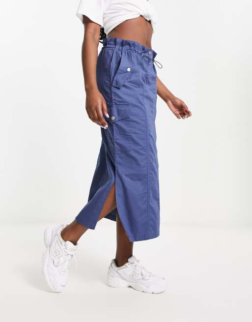 ASOS DESIGN ruched waist midi cargo skirt in blue