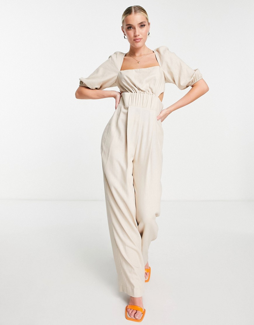 ASOS DESIGN ruched waist puff sleeve linen jumpsuit in stone-Neutral