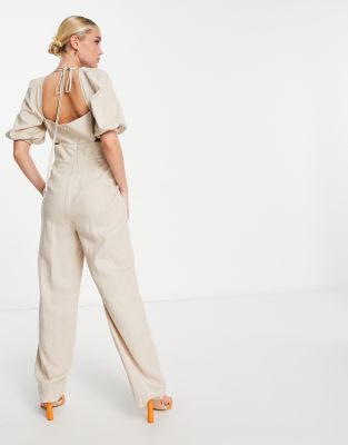 ASOS DESIGN ruched waist puff sleeve linen jumpsuit in stone