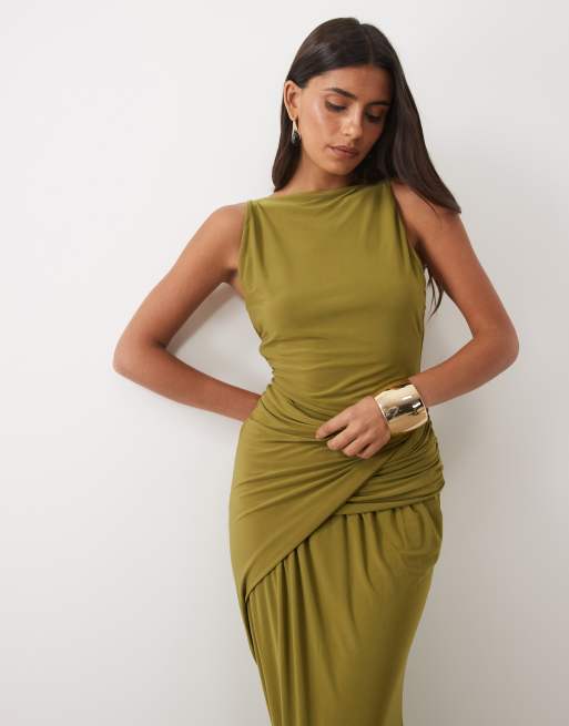 ASOS DESIGN ruched waist slinky maxi dress in olive, 2 of 4