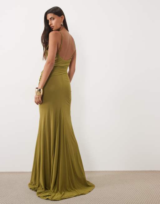 ASOS DESIGN ruched waist slinky maxi dress in olive, 4 of 4