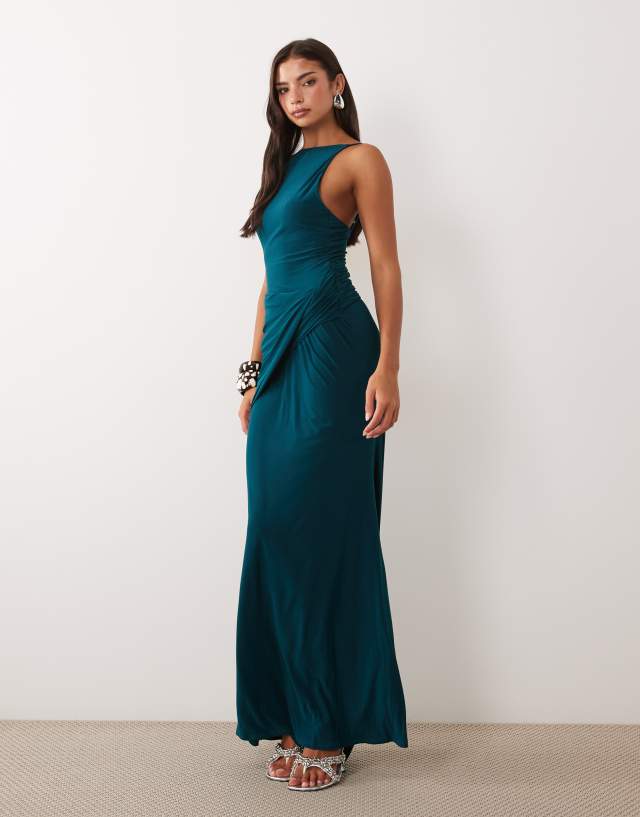 petrol green dress ASOS DESIGN ruched waist slinky maxi in maxidfess