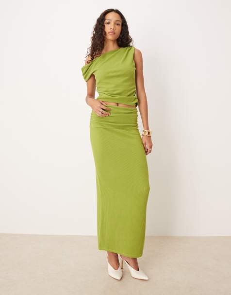 ASOS DESIGN ruched waist textured rib column maxi skirt in green