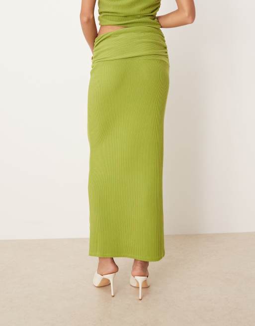 ASOS DESIGN ruched waist textured rib column maxi skirt in green, 4 of 5