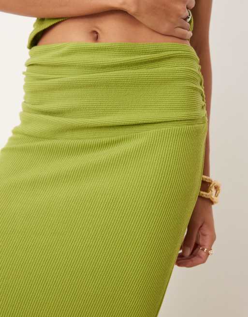 ASOS DESIGN ruched waist textured rib column maxi skirt in green, 5 of 5