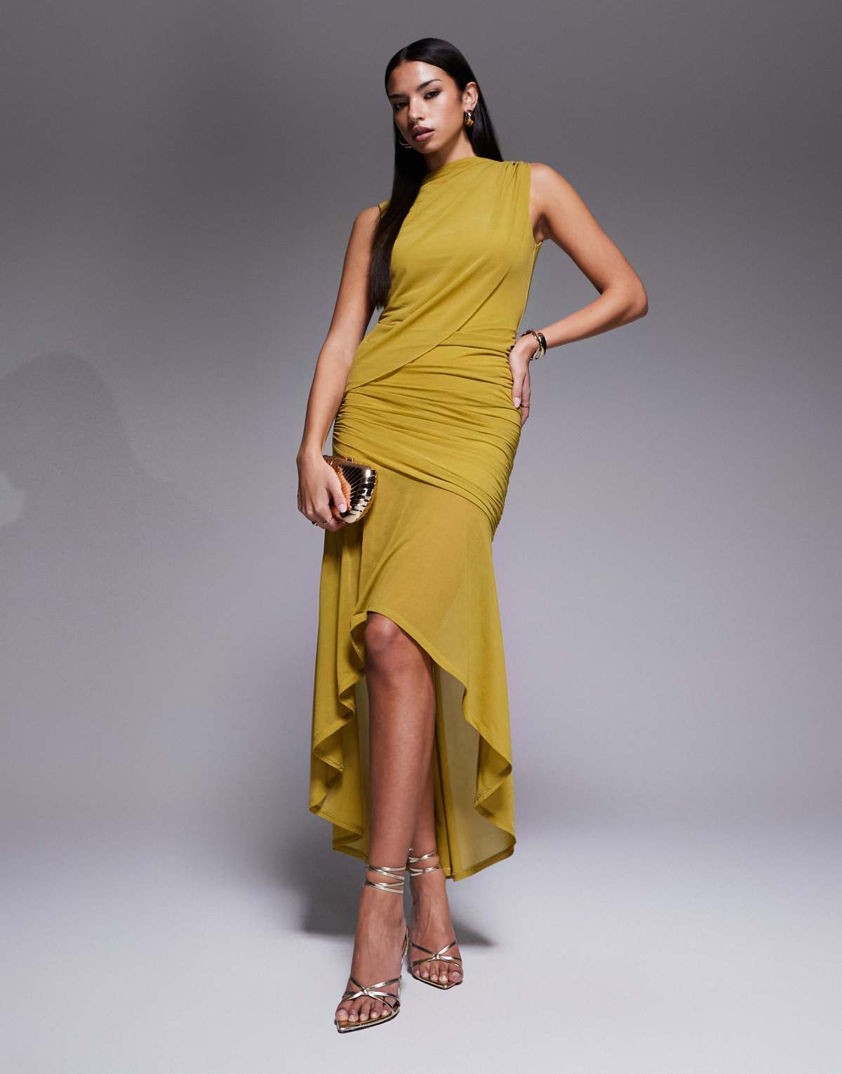 ASOS DESIGN ruched with high low hem maxi dress in green