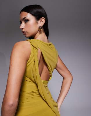 Asos Design Ruched With High Low Hem Maxi Dress In Green