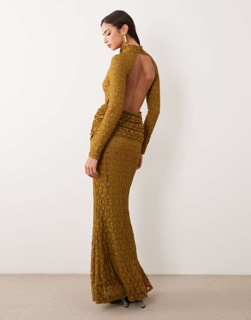 ASOS DESIGN rückenfreies Maxikleid aus Spitze mit Drapierung an den Hüften in Oliv, 4 von 4