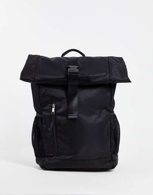 ASOS DESIGN Rucksack aus Nylon in Schwarz mit gerolltem Umschlag oben und Tasche vorne ASOS