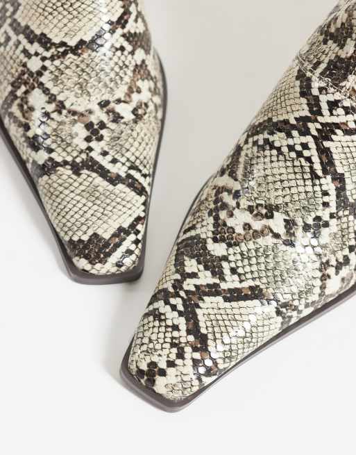 ASOS DESIGN Rudy chisel toe heeled sock boots in snake print, 3 of 4