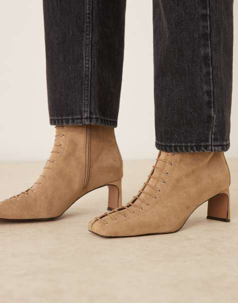 ASOS DESIGN Rue lace up heeled ankle boots in tan suedette - view 1