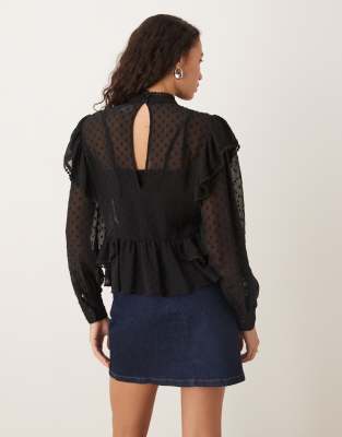 Asos Design Ruffle And Embroidery Detail Long Sleeve Blouse In Black
