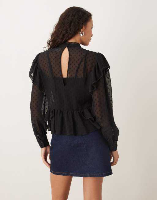 ASOS DESIGN ruffle and embroidery detail long sleeve blouse in black, 2 of 4