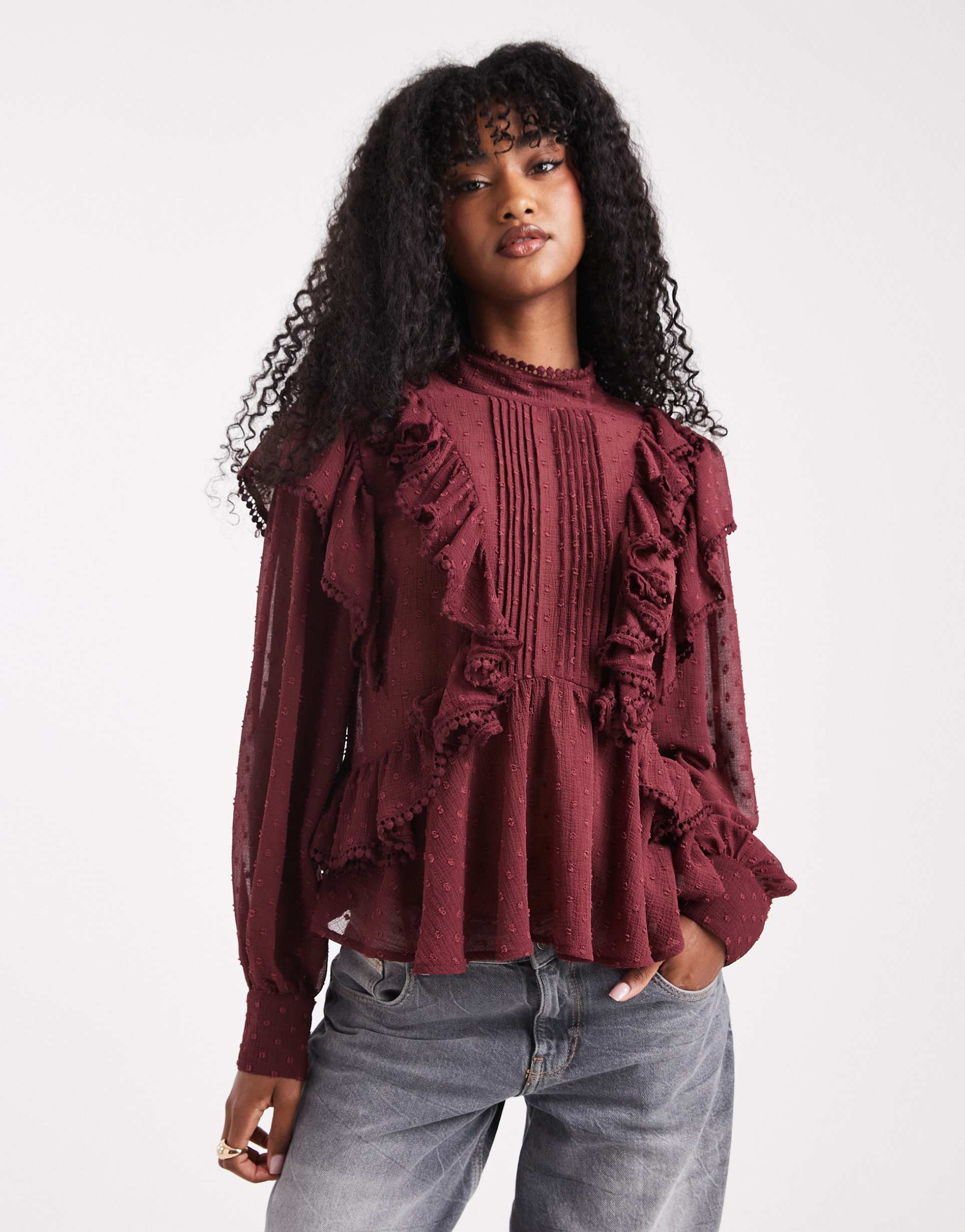 asos design ruffle and embroidery details long sleeve blouse in burgundy