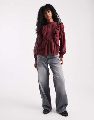 Asos Design Ruffle And Embroidery Details Long Sleeve Blouse In Burgundy
