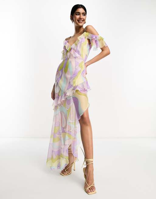 ASOS DESIGN ruffle asymmetric maxi dress in abstract print