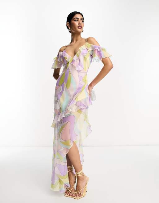 ASOS DESIGN ruffle asymmetric maxi dress in abstract print