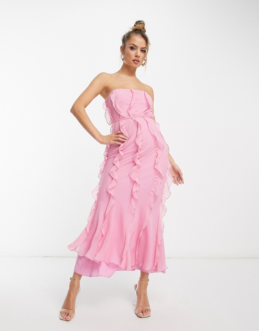 ASOS DESIGN ruffle bandeau midaxi dress with tie waist in pink