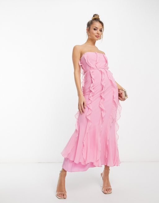 ASOS DESIGN ruffle bandeau midaxi dress with tie waist in pink ASOS