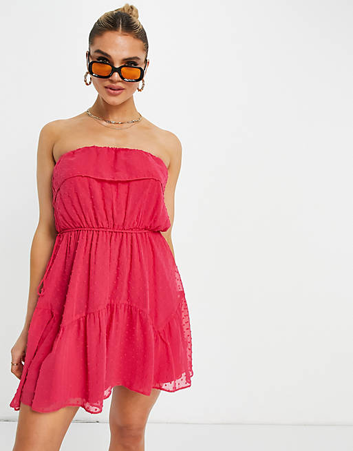 ASOS DESIGN ruffle bandeau mini skater dress with belt in dobby in hot pink