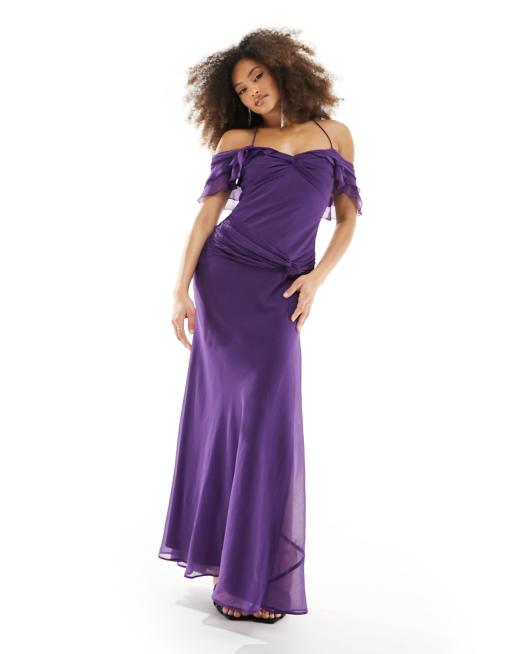 ASOS DESIGN ruffle bardot maxi dress with twist detail in purple